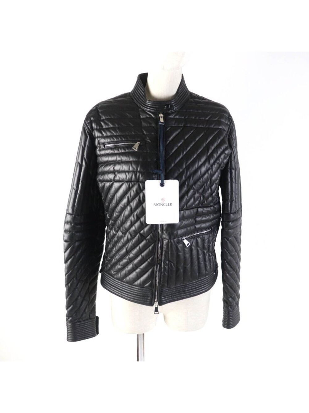 Moncler Flamant Rubber Logo Patch Lambskin Rider's Jacket Down Black